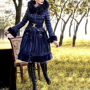 Royalcat Down Belted Fur-Trim Hooded Puffer Coat